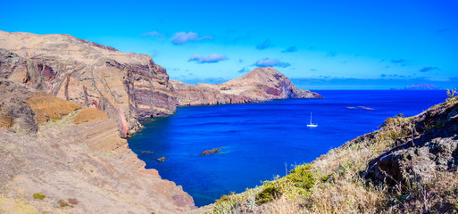 Fototapeta premium Panorama view of the wild coast and cliffs at Ponta de Sao Lourenco, Madeira island, Portugal