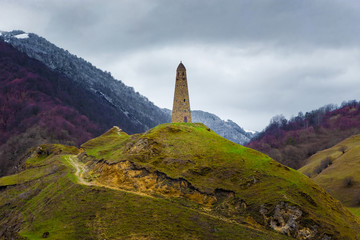 Mountain view. Watchtower in Caucasus mountains. Chechnya