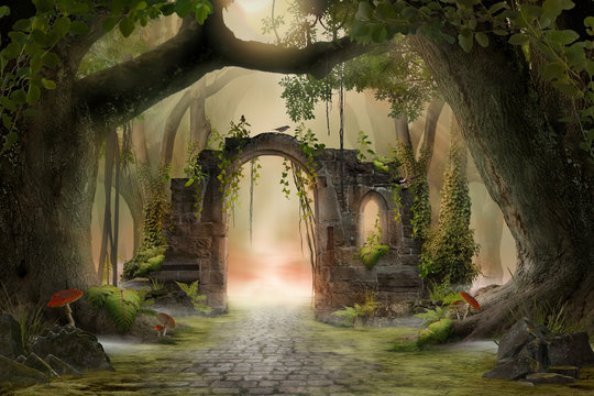 Archway in an enchanted fairy forest landscape, misty dark mood, can be used as background
