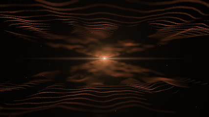 Abstract background. Orange imitation of sound waves on black backdrop. Light blurred orange blick is on the centre, and between the waves.