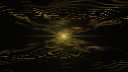 Naklejka premium Abstract energy background. Yellow imitation of waves on black backdrop. Light blurred yellow blick is on the centre, and between the waves.