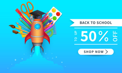 Back to school sale banner design with 50 percent off discount promotion rocket launch with set of colorful supplies. Template design with shop now button for education items marketing, shopping
