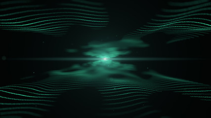 Abstract background. Azure blue imitation of sound waves on black backdrop. Light blurred azure blick is on the centre, and between the waves.