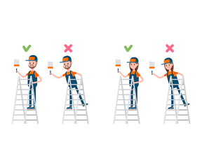 Ladder safety right and wrong position. Man and woman painting wall on ladder step vector cartoon characters isolated on a white background. © Roi_and_Roi