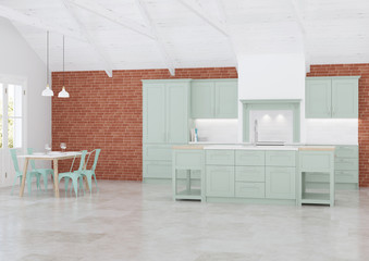 The interior of the kitchen in a private house. Green Scandinavian cuisine. 3D rendering.