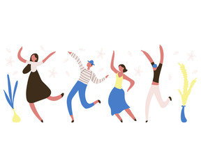 Fototapeta premium Dancing people illustration. Men and women vector flat cartoon character isolated on white background.