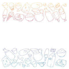 Vector pattern with icons of milk, butter,cottage cheese, sour cream, cheese, yogurt, ice cream, cream. Collection of dairy products.