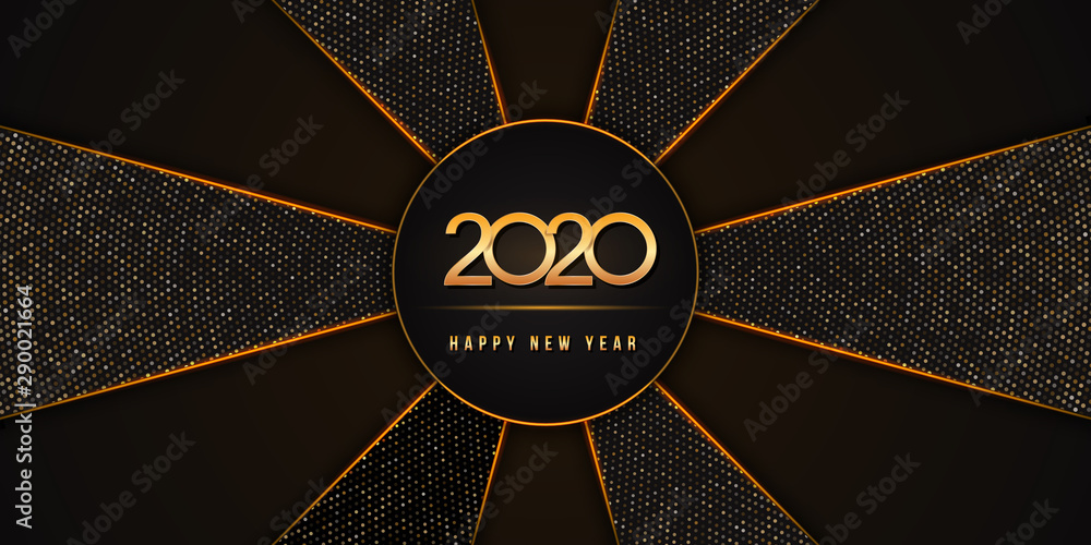 Wall mural 2020 happy new year text design with golden numbers on black background textured with golden glitter