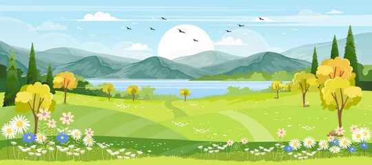 Gordijnen Boerderij Panorama view of spring village with green meadow on hills with blue sky, Vector cartoon Spring or Summer landscape of countryside with mountains with wild flowers fields  © Anchalee