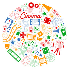 Obraz na płótnie Canvas Vector pattern with cinema icons. Movie Theater, TV, popcorn, video clips, musical