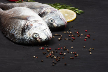 Fresh fish dorado. Dorado and ingredients for cooking on a black table.