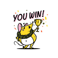 Vector illustration of cute hand drawn yellow mouse character winner holding victory cup isolated on white background. 2020 year mascot. For sticker, banner, kid prints, logo, nursery design etc.