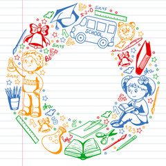 Vector pattern with little children. Back to school. Geography, geometry, mathematics, physics, chemistry, astronomy