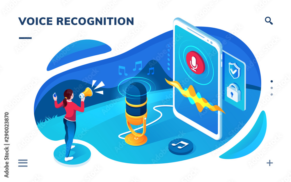 Aufkleber Voice recognition smartphone application screen. Isometric page for sound recording, translation, audio message. AI speech recognizing technology. Mic, microphone for conversation with cyber assistant