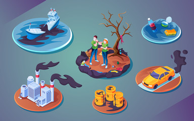 Naklejka premium Set of isolated ecology catastrophe or pollution disaster, environment harm or accident contamination. Ship or boat oil spill, plant air pollution, car gas hazard, water spoiling, radioactive waste
