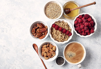 healthy oatmeal breakfast with raspberries and finns, chia and flax seeds and honey, pattern, top visas, good morning concept