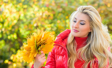 Woman walk in autumn park. Autumn traditional attributes concept. Autumn is her favorite season of year. Lady posing with leaves autumn nature background. Girl dreamy face hold bunch maple leaves