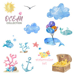Watercolor ocean set. Whales and gold for pirets collection. Cartoon illustration on white background. Colorful clip art. Coral and anchor with fish, sky and sun