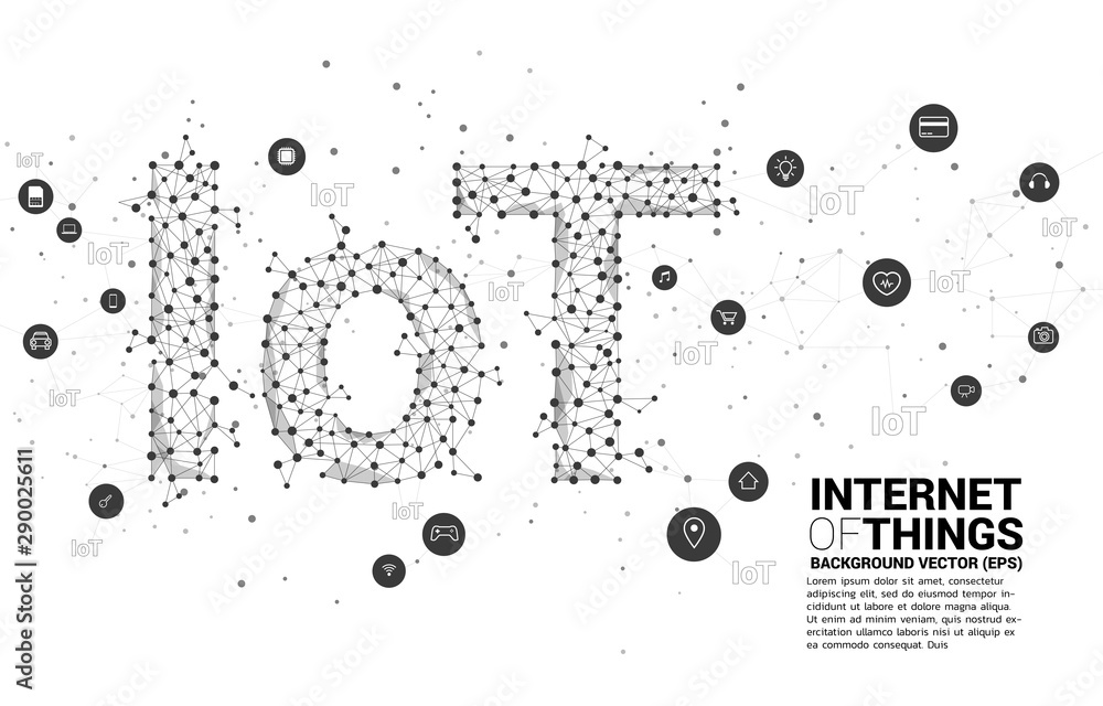Poster Vector Polygon dot connect line shaped IoT wording . Concept for telecommunication and internet of things.
