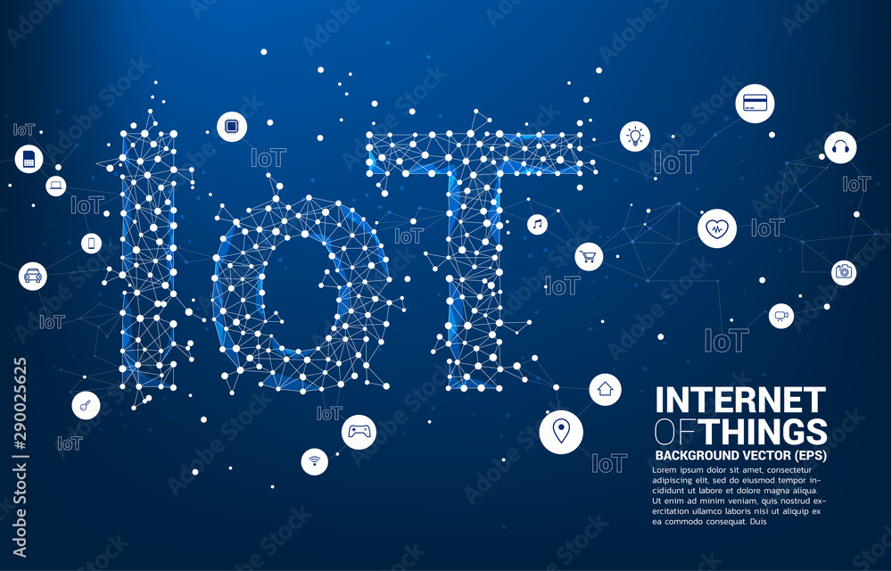 Poster Vector Polygon dot connect line shaped IoT wording . Concept for telecommunication and internet of things.
