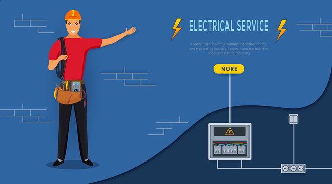 Electrical service. Horizontal banner with cartoon electrician in red uniform with work tool bag, holding cable and standing near electric panel with sockets.