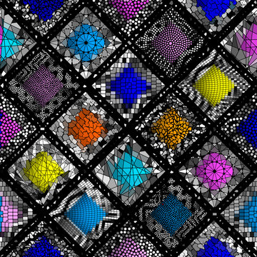 Mosaic art pattern of rhombuses of different tile textures. Seamless vector.