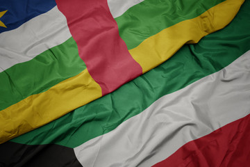 waving colorful flag of kuwait and national flag of central african republic.