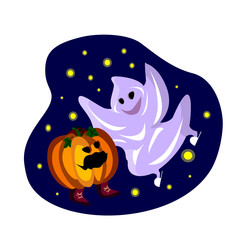 Creative illustration with funny ghost, evil pumpkin celebrating All Saints' Day