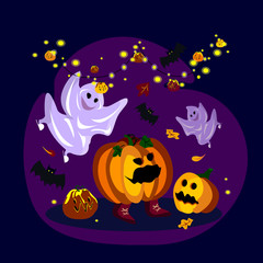 Fototapeta na wymiar Creative illustration with funny ghosts, evil pumpkins and bat celebrating All Saints' Day