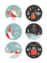 set of round label with winter and Christmas illustrations. Happy New Year, Collection of Greeting cards