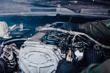 car diesel engine repair in the garage