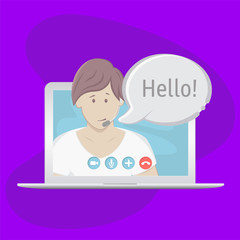 Video chatting online on laptop. Bubble speeches