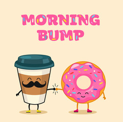 Coffee and donut. Cartoon stylized. Vector illustration.