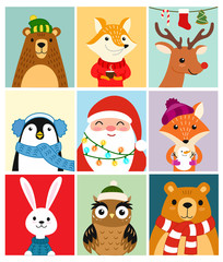 Cute animals. Set of winter postcards. Vector illustrations.