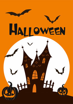 Halloween poster with a bat castle. Vector illustration.