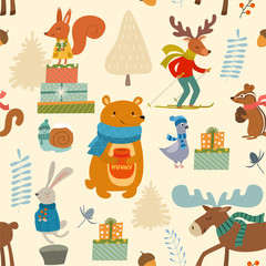 Winter pattern with cartoon characters animals. Vector seamless texture. 