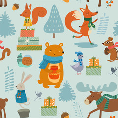 Winter pattern with cartoon characters animals. Vector seamless texture. 