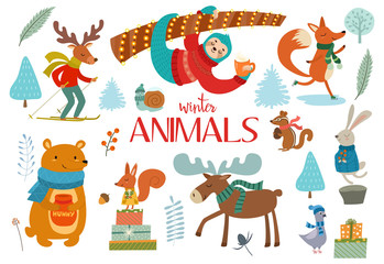 Obraz na płótnie Canvas Cute winter wild animals and floral elements. Ideas for postcards and posters. Vector illustrations.