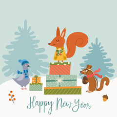 Funny winter card with a cartoon squirrel, dove, chipmunk and gifts. Vector illustration with text. New Year's poster.