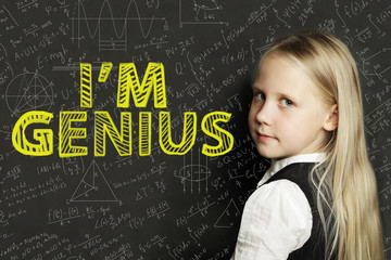 Happy child student girl on blackboard background with science a