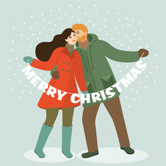 Christmas and New Year illustration with kissing couple. Vector retro style.