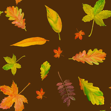 Seamless pattern with bright yellow and orange leaves. Autumn watercolor background. Wrapping paper