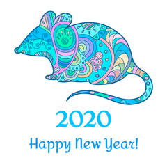 Hand zentangle drawn blue ornate mouse. Decorative vector design for coloring books, art therapy, antistress, 2020 new year and christmas greeting cards.