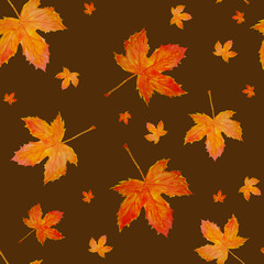 Seamless pattern with bright yellow and orange maple leaves. Autumn watercolor background.