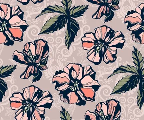Poster Seamless floral pattern with hibiscus and ornamental hand drawing decorative background. Ethnic seamless pattern ornament. Vector pattern. Print for textile, cloth, wallpaper, scrapbooking © Artmirei