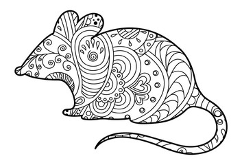 Hand zentangle drawn ornate mouse. Decorative vector design for coloring books, art therapy, antistress, 2020 new year and christmas greeting cards.
