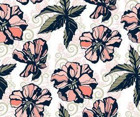 Seamless floral pattern with hibiscus and ornamental hand drawing decorative background. Ethnic seamless pattern ornament. Vector pattern. Print for textile, cloth, wallpaper, scrapbooking