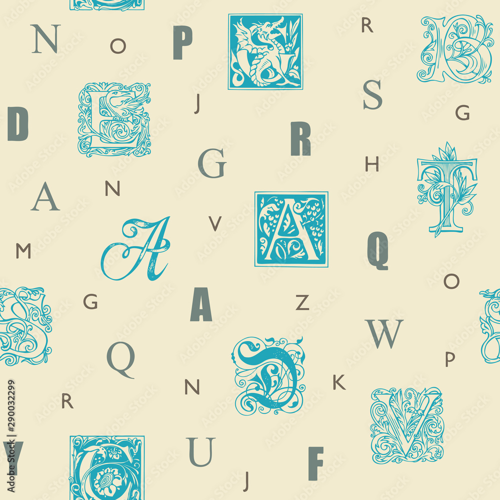 Aufkleber vector seamless pattern with capital letters and hand drawn initial letters on a beige backdrop. rep