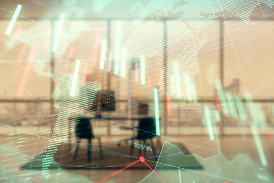 Forex chart hologram with map and minimalistic cabinet interior background. Double exposure. International business concept. - Powered by Adobe