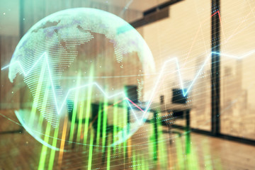Forex chart hologram with map and minimalistic cabinet interior background. Double exposure. International business concept.